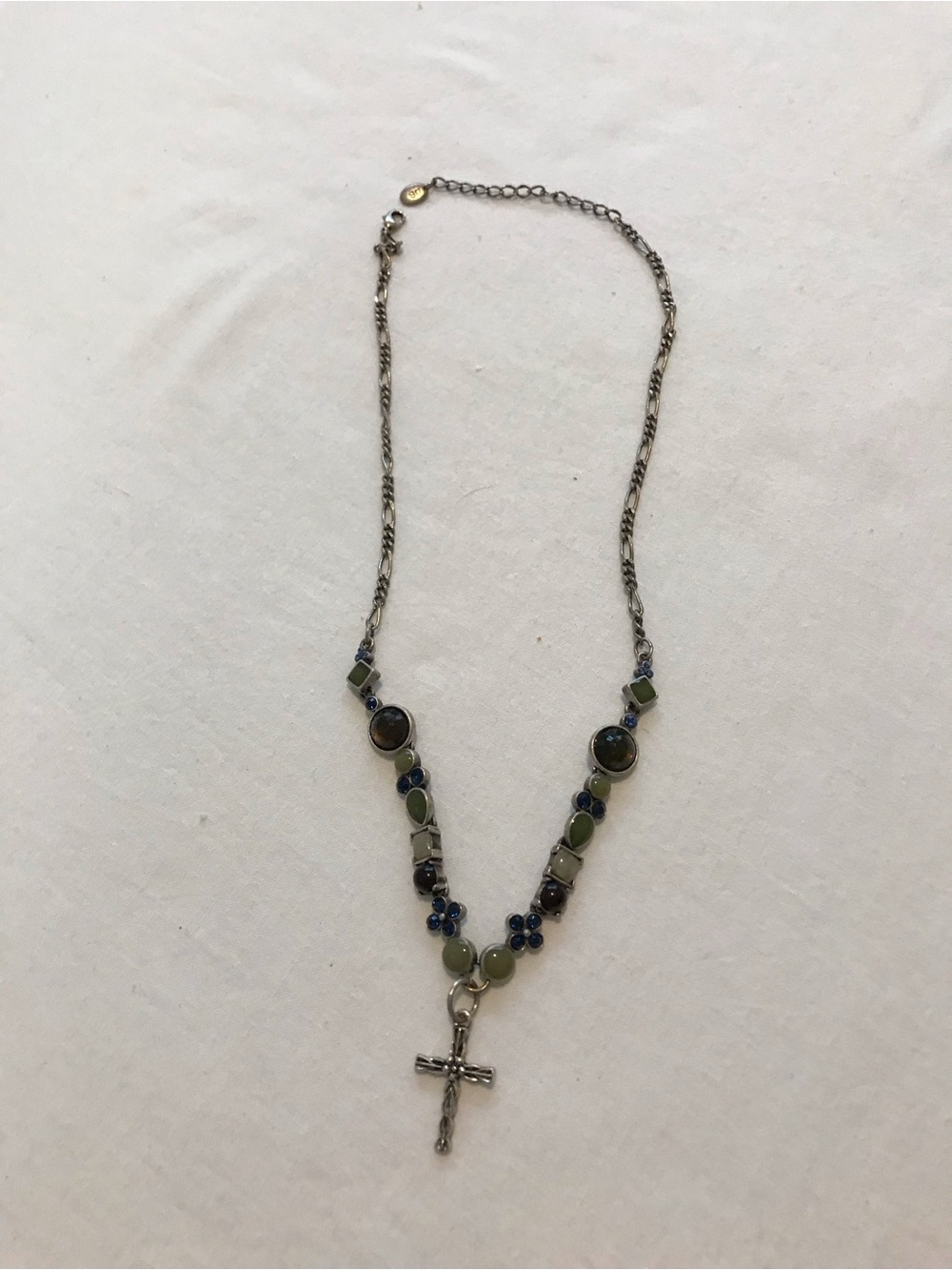 Silver-Tone Cross Pendant Necklace with Green and Blue Beads. Handmade/Asheville